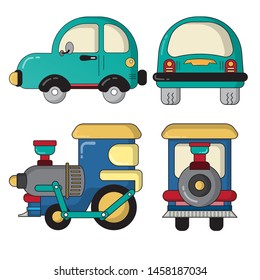 car and train. flat design cartoon concept. thin line. filled line. vector ,illustration