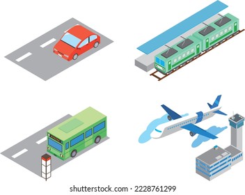 Car and train plane transportation set