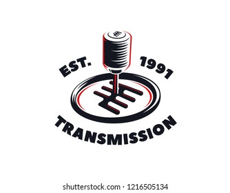 Car transmission service logo on white background. Automatic and manual transmission fluid change emblem.