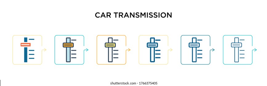 Icono de vector de transmisión del coche en 6 estilos diferentes modernos. Negro, dos iconos de transmisión de coches de colores diseñados en el estilo relleno, contorno, línea y trazo. La ilustración vectorial puede utilizarse para la web, 