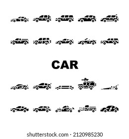 Car Transport Different Body Type Icons Set Vector. Hatchback And Sedan, Mpv Minivan And Cuv Crossover, Limousine And Sportscar, Grand Tourer And Suv Vehicle Car Glyph Pictograms Black Illustrations - Shutterstock ID 2120985230