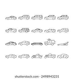 Car Transport Different Body Type Icons Set Vector. Hatchback And Sedan, Mpv Minivan And Cuv Crossover, Limousine And Sportscar, Grand Tourer And Suv Vehicle Car Black Contour Illustrations