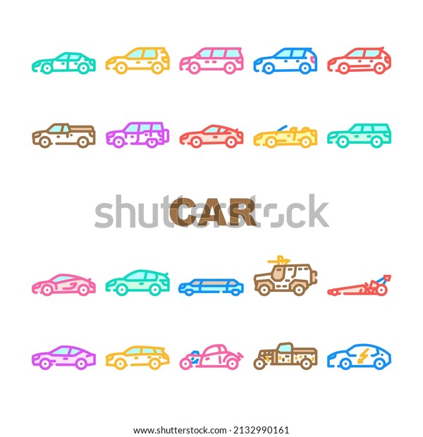 Car Transport Different Body Type Icons Set\
Vector. Hatchback And Sedan, Mpv Minivan And Cuv Crossover,\
Limousine And Sportscar, Grand Tourer And Suv Vehicle Car Line.\
Color Illustrations