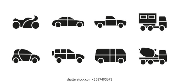 Car transport icon set black. Collection of vehicle vector illustrations. Includes sedan, motorcycle, SUV, pickup, minivan, bus and truck. Automotive and transportation symbols silhouette.