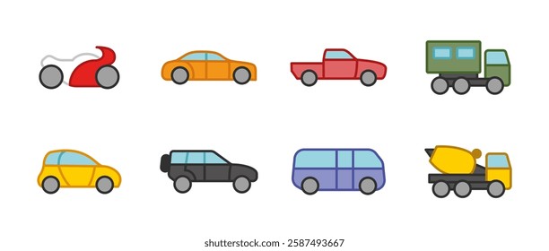 Car transport icon set colored. Collection of vehicle vector illustrations. Includes sedan, motorcycle, SUV, pickup, minivan, bus and truck. Automotive and transportation symbols colorful.