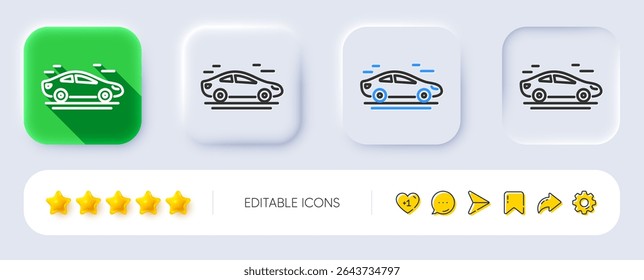 Car transport line icon. Neumorphic, Flat shadow, 3d buttons. Transportation vehicle sign. Driving symbol. Line car icon. Social media icons. Vector