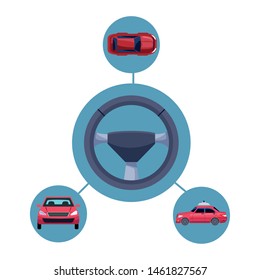 car transport sedan red vehicle with steering wheel cartoon vector illustration graphic design