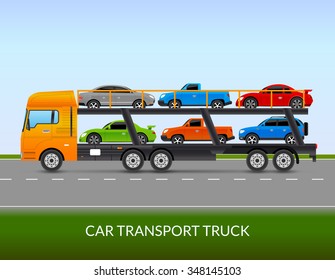 Car transport truck on the road with different types of cars flat vector illustration 