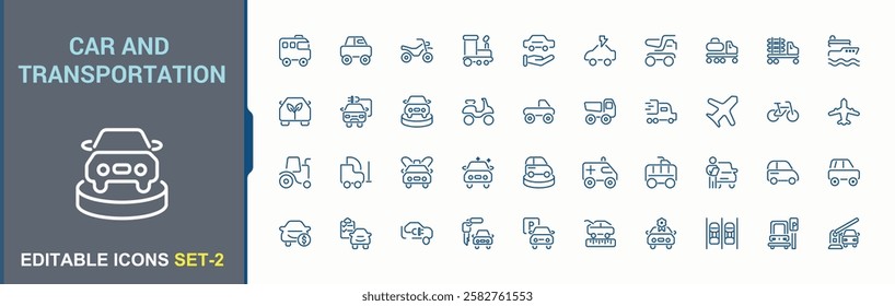 Car and Transportation icon. Related to train, cycling, motor, tram, metro and more. Minimalist vector outline icons collection.