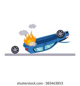 Car and Transportation Issue with Burning Car. Flat Vector Illustration
