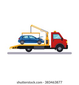 Car and Transportation. Car on Evacuator. Flat Vector Illustration