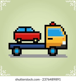 Car transporter in 8 bit pixel art. Tow truck pixel for game assets in vector illustration.