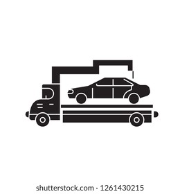 Car transporter black vector concept icon. Car transporter flat illustration, sign