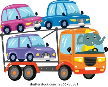 Car transporter driven by a cute elephant