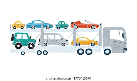 Car transporter isolated on a white background in flat style. Icons kids cars for design of children's rooms, clothing, textiles. Vector illustration