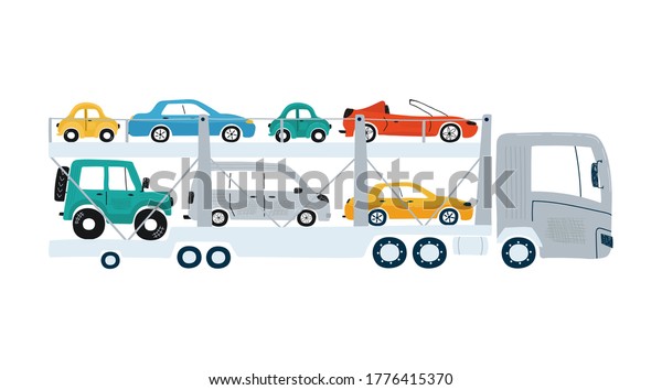 Car transporter isolated on a white\
background in flat style. Icons kids cars for design of children\'s\
rooms, clothing, textiles. Vector\
illustration