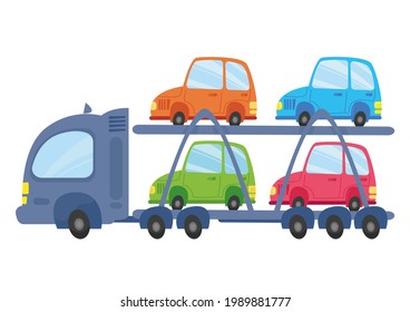 Car transporter truck deliver a new car, vector illustration in cartoon childish style. Toy transport isolated on white background. Set fun car