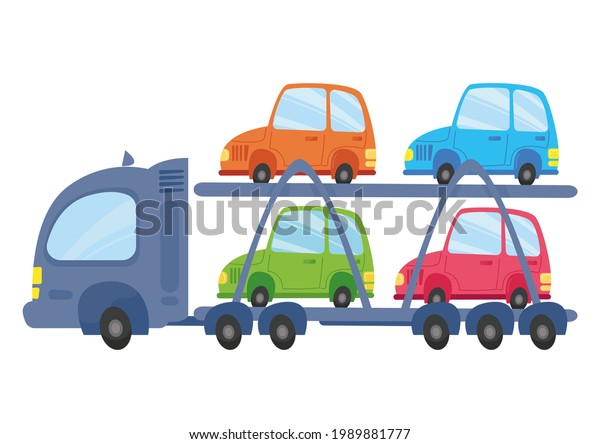 Car transporter truck deliver a new car, vector\
illustration in cartoon childish style. Toy transport isolated on\
white background. Set fun\
car