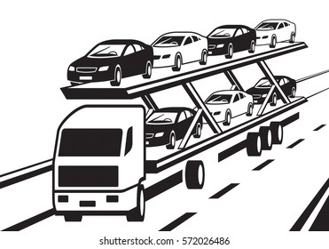 Car transporter truck on highway - vector illustration