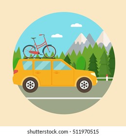 Car is transporting bicycles on the roof. Vector flat illustration