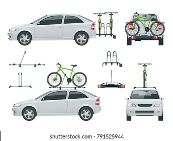Car is transporting bicycles on the roof and Bikes Loaded on the Back of a Van. Side view and back view.