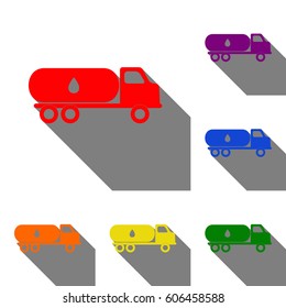 Car transports Oil sign. Set of red, orange, yellow, green, blue and violet icons at white background with flat shadow.