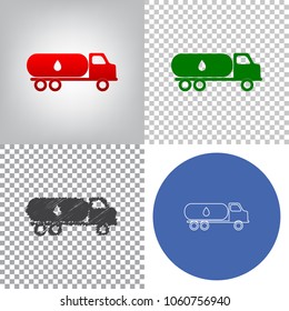 Car transports Oil sign. Vector. 4 styles. Red gradient in radial lighted background, green flat and gray scribble icons on transparent and linear one in blue circle.