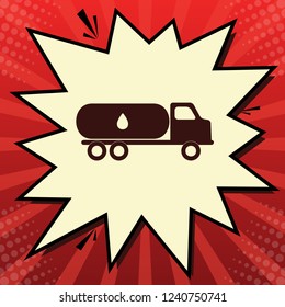 Car transports Oil sign. Vector. Dark red icon in lemon chiffon shutter bubble at red popart background with rays.