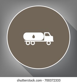 Car transports Oil sign. Vector. White icon on brown circle with white contour and long shadow at gray background. Like top view on postament.