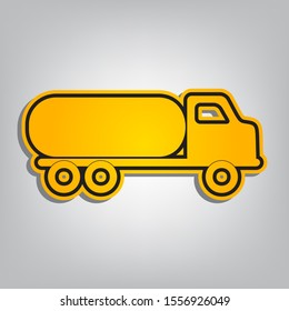 Car transports sign. Flat orange icon with overlapping linear black icon with gray shadow at whitish background. Illustration.