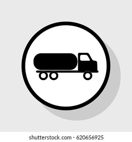 Car transports sign. Vector. Flat black icon in white circle with shadow at gray background.