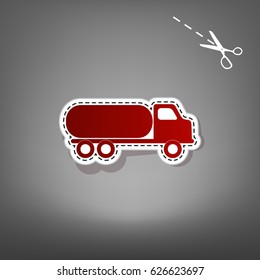 Car transports sign. Vector. Red icon with for applique from paper with shadow on gray background with scissors.