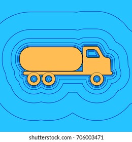 Car transports sign. Vector. Sand color icon with black contour and equidistant blue contours like field at sky blue background. Like waves on map - island in ocean or sea.