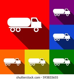 Car transports sign. Vector. Set of icons with flat shadows at red, orange, yellow, green, blue and violet background.