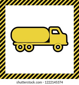 Car transports sign. Vector. Warm yellow icon with black contour in frame named as under construction at white background. Isolated.