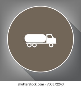 Car transports sign. Vector. White icon on brown circle with white contour and long shadow at gray background. Like top view on postament.