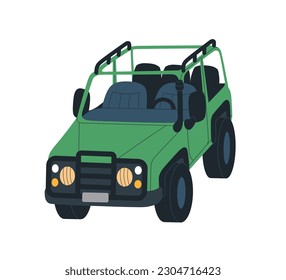 Car for travel, adventure. Off-road wheeled vehicle. Open offroad truck, tourists SUV. Touristic auto transport for trip, expedition, safari. Flat vector illustration isolated on white background.