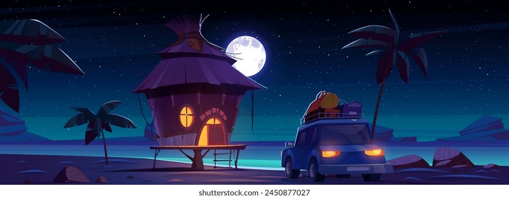 Car travel to beach house for vacation at night. Palm tree and hut on tropical island panorama scene. Holiday journey to ocean in evening. Starry sky and full moon light environment at midnight