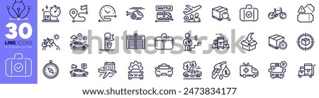 Car travel, Bicycle and Petrol station line icons pack. Bus parking, Parking security, Mountain bike web icon. Inventory cart, Boxes pallet, Flag pictogram. Delivery online. Vector