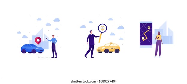 Car travel, city tourism concept. Vector flat people illustration set. Carsharing, businessman order taxi vehicle, woman with map navigation application on smartphone. Building on background.