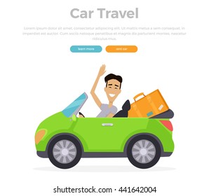 Car travel concept vector illustration. Flat design. Smiling driver on cabriolet travelling with stuff. Road travelling concept web banner. Road trip adventure.