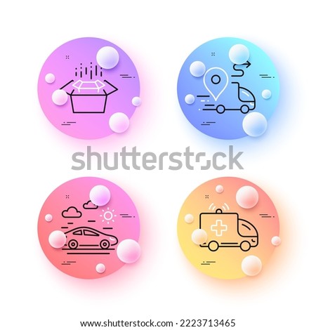 Car travel, Delivery and Packing boxes minimal line icons. 3d spheres or balls buttons. Ambulance car icons. For web, application, printing. Transport, Truck route, Delivery box. Vector