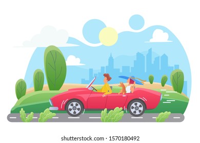 Car travel flat vector illustration. Couple with dog in cabriolet cartoon characters. Man and woman traveling with pet. Family road trip on weekend. Cityscape, skyscrapers. Summer vacation, journey