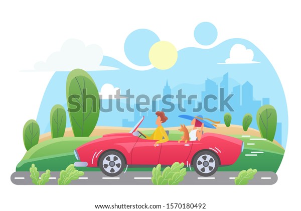 Car travel flat vector illustration. Couple with\
dog in cabriolet cartoon characters. Man and woman traveling with\
pet. Family road trip on weekend. Cityscape, skyscrapers. Summer\
vacation, journey