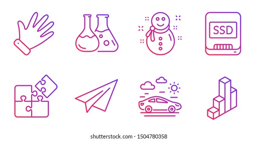 Car travel, Hand and Chemistry lab line icons set. Puzzle, Paper plane and Ssd signs. Snowman, 3d chart symbols. Transport, Waving palm. Gradient car travel icon. Vector