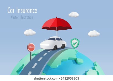 Car and travel insurance protection. Driving car on road across world with umbrella and Insurance shield. to protect from accident and travel. 3D vector created from graphic software.