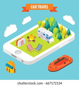Car travel isometric objects on mobile phone screen. Vector illustration in flat 3d style. Outdoor camp activity in a park. Stay online everywhere concept illustration. Travel on camper.