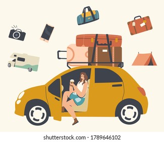 Car Travel, Journey, Adventure. Happy Female Character in Summer Clothing Drinking Coffee from Takeaway Cup Sit in Automobile with Luggage on Roof. Girl Traveling on Auto. Linear Vector Illustration