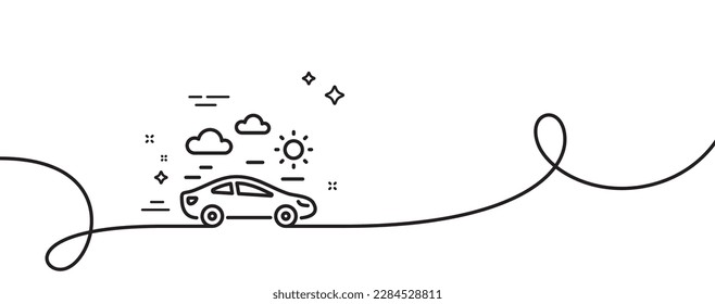 Car travel line icon. Continuous one line with curl. Trip transport sign. Holidays vehicle symbol. Car travel single outline ribbon. Loop curve pattern. Vector