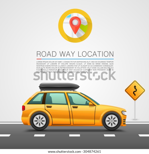 Car travel on the location. Car Travel\
illustration, Road way\
location.